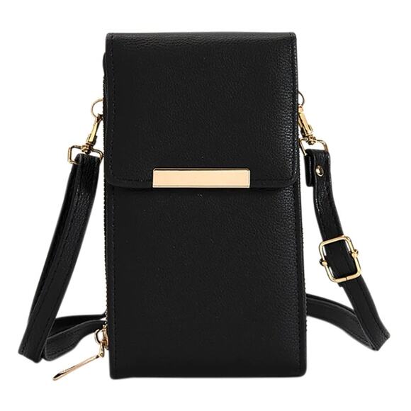 BLACK LEATHER PHONE CROSSBODY BAG DOUBLE COMPARTMENT DONNA & BECKY ELEGANT DAISY - Picture 1 of 5